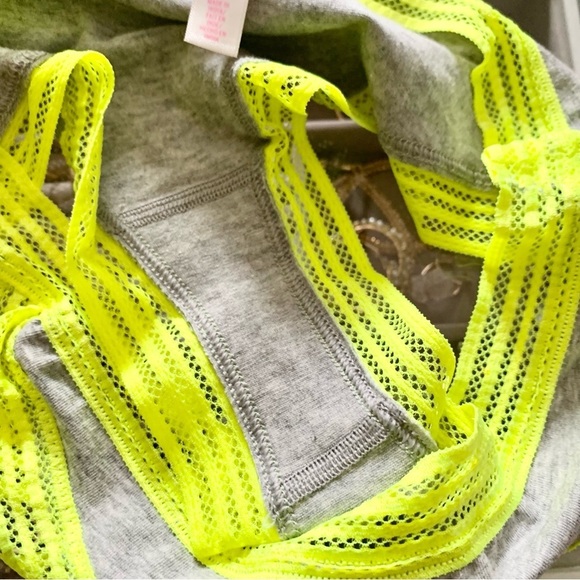 VS Heather Grey Neon Yellow Green Strappy Push-Up Padded Bralette Panty Set - Picture 13 of 14